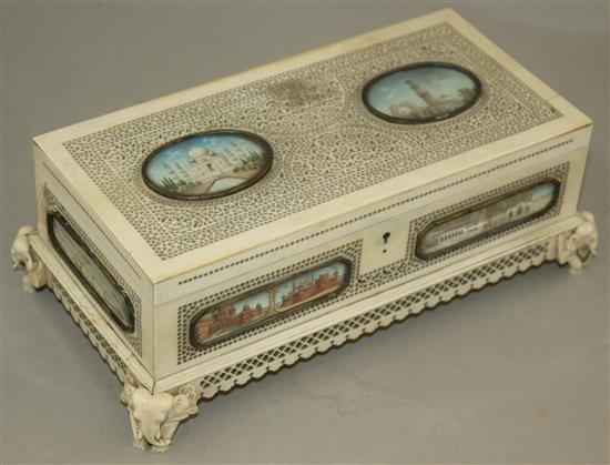 A 19th century Indian pierced ivory rectangular shape casket, overall 9.5in.